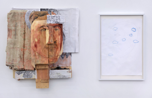 Róza El-Hassan – Labyrinth of Rebellion - (Left to right) Portrait of psychiatrist and cognitive scientist Charlotte Buhler, 2017. Wood and mixed media. 22 x 22 x 11 in. & Clouds, 2015 Work on paper. 9.5 x 13.5 in.