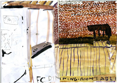 Rose Wylie – What with What - FC Dining Room, 2009. Watercolor, collage on paper, 12 x 16.5 in.