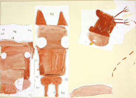 Animate Matter – Pia Maria Martin, Dona Nelson, Richard Staub, Rose Wylie - Rose Wylie: Horse, Pig & Chicken (fairy tale), 2009. Watercolor and collage on paper, 23 x 33 in.