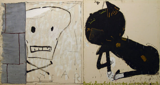 Rose Wylie – What with What - Cat & Skull, 2010. Oil on canvas, 72 x 135 in.