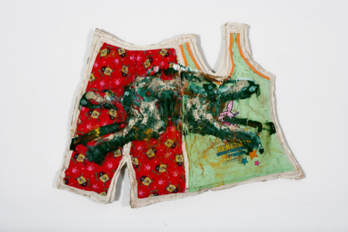 <i>Rabbit Quilt</i>, 2008. Oil and clothes on canvas bag, 32 × 42 × 4 inches. 