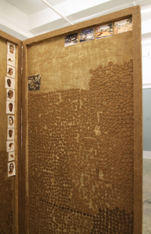 Sheela Gowda, Yamini Nayar – Arrested Views - Sheela Gowda Private Gallery, 1999. Cow dung, lamination sheet, watercolor on
paper, plyboard and wood (2 panels + set of nine water color paintings), each
panel 78 x 42 x 1.5 in (detail).