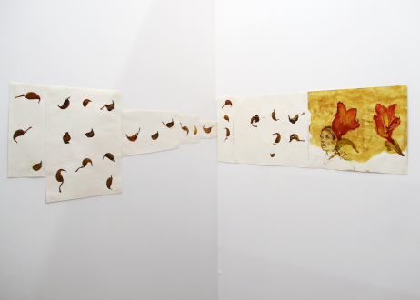 Sheela Gowda, Yamini Nayar – Arrested Views - Sheela Gowda Private Gallery, 1999. Cow dung, lamination sheet, watercolor on paper, plyboard and wood (2 panels + set of nine water color paintings), each panel 78 x 42 x 1.5 in (detail).