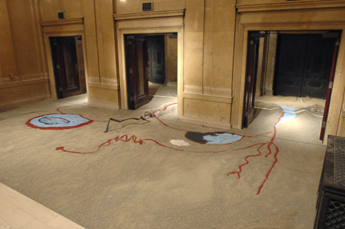 Senga Nengudi  – From One Source Many Rivers - Installation view: Senga Nengudi, From One Source Many Rivers, 2004 - 2005. Sand, pigment, fossils, tape, irrigation tubing.