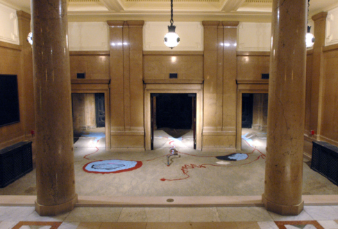 Senga Nengudi  – From One Source Many Rivers - Installation view: Senga Nengudi, From One Source Many Rivers, 2004 - 2005. Sand, pigment, fossils, tape, irrigation tubing.