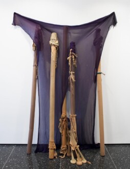 <i>Untitled</i>, 1976 (existent original piece)
Nylon, pantyhose, sand, and cardboard roll,
72 x 53 x 17 in.
The Museum of Modern Art, New York.
Gift of the Hudgins Family in memory of Brienin Bryant, 2013