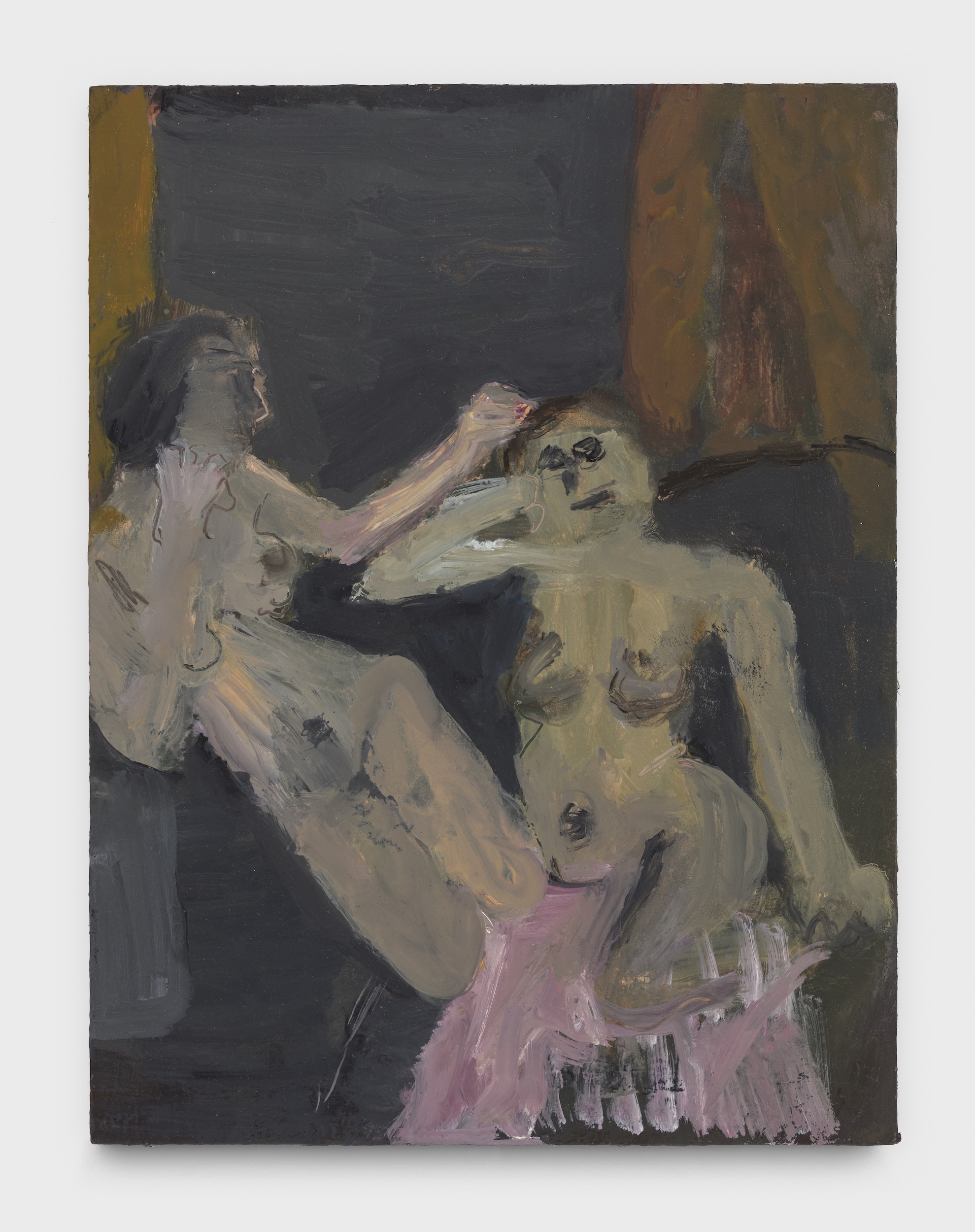 Janice Nowinski - <i>Two Women on a Couch</i>, 2021. Oil on board, 12 x 9 in.