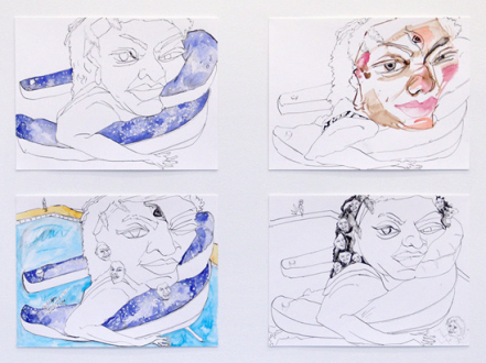 Schandra Singh – God Don’t Like Ugly - Studies for Shelly, 2014. Ink and watercolor on paper, 9 x 12 inches each.