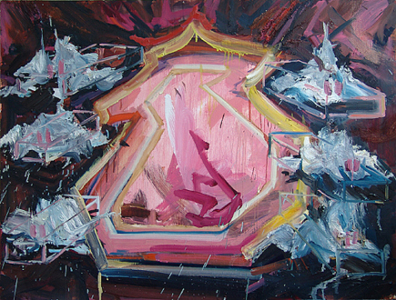 Shanna Waddell, Ascending to Preparation to Death, 2010. Acrylic on particle board, 36 x 47 in.