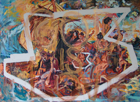 Handshakes – Elaine Stocki, Whitney Claflin, Ian Campbell - Shanna Waddell, The Raft of Medusa, 2010. Acrylic on canvas, 77 x 105 in.