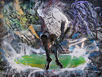 Bob (Satan), 2013. Oil, spray paint, and gift wrap on canvas, 67.5 x 90 in.