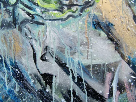 Bob (Satan), 2013. Oil, spray paint, and gift wrap on canvas, 67.5 x 90 in. (detail)