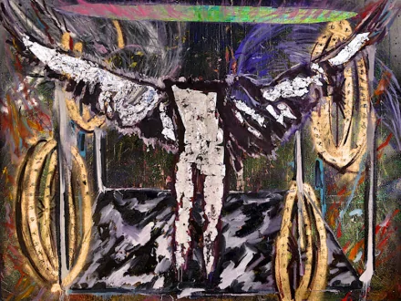 Light Vehicle (Satan), 2013. Oil, spray paint, silver leaf, gift wrap, and glitter on canvas, 68 x 90 in.