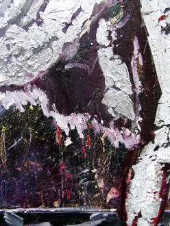 Light Vehicle (Satan), 2013. Oil, spray paint, silver leaf, gift wrap, and glitter on canvas, 68 x 90 in. (detail)