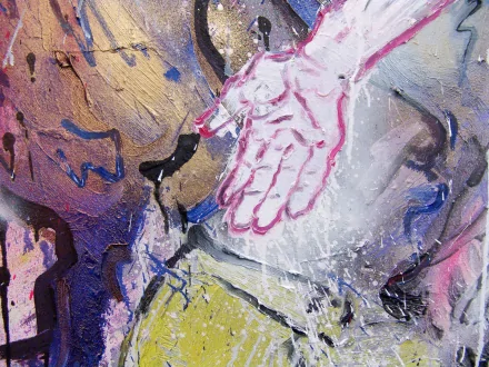River Phoenix - Light Vehicle, 2013. Oil, spray paint, glow in the dark paint, and glitter on canvas,
73.5 x 93 in. (detail)