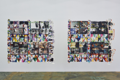 Mike Cloud, Works on Paper 2003 – Present - Stealth Bomber Paper Quilt, 2010 (left), Colin Powell Paper Quilt, 2010 (right), Collage on paper.