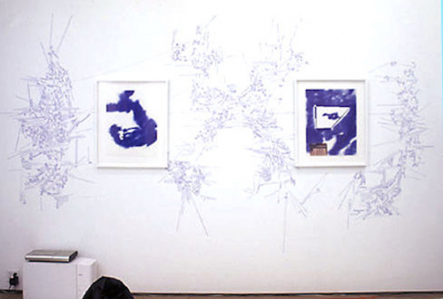 Andrej Monastyrskij, Dona Nelson, Vargas-Suarez Universal, Tom Wood - Vargas-Suarez Universal Blueprints, 1996/2000. Installation with 6 drawings (ballpoint pen on found paper) with wall drawings, white carpet, bean bags and soundtrack (partial view).