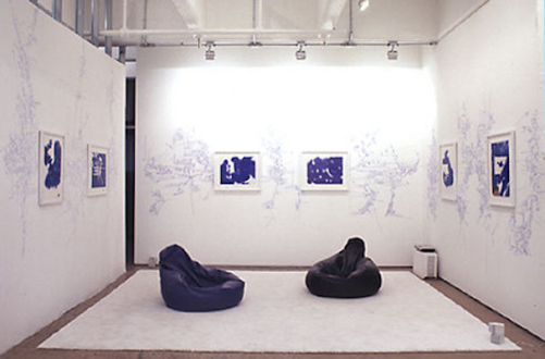 Andrej Monastyrskij, Dona Nelson, Vargas-Suarez Universal, Tom Wood - Vargas-Suarez Universal Blueprints, 1996/2000. Installation with 6 drawings (ballpoint pen on found paper) with wall drawings, white carpet, bean bags and soundtrack.