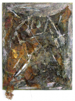 of certain instability – Whitney Claflin, Harriet Korman, Nolan Simon, Hans-Peter Thomas aka Bara - Whitney Claflin, <i>Untitled</i>, 2011. Oil, hand dyed fabric, glitter, CD, plaster,
chain and earring on canvas, 20 x 16 in (canvas size).