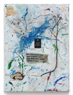 Whitney Claflin – As Long As You Get To Be Somebody’s Slave, Too - Most Lies R Listening to Find You, 2012. Oil, hand-dyed fabric, spandex, magazine
clippings, marker, dried flowers, staples, thread and plastic on curtain, 20 x 15 in.