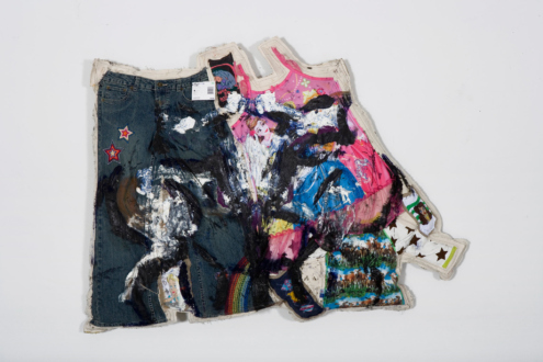 <i>White Donkey Quilt</i>, 2008. Oil and clothes on canvas bag, 54 × 42 × 6 inches. 