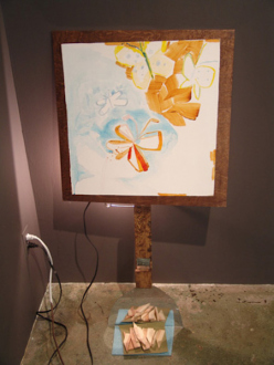 Yuh-Shioh Wong: I can't stand on this any longer! It came crashing down on the
floor, 2006. Pigment on wood, halogen light bulb and mirror, 43 x 25 x 18 in.