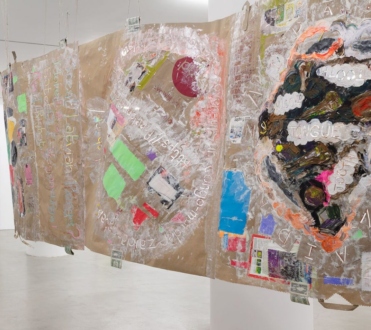 &lt;i&gt;Modern Untitled Tragic Timeline&lt;/i&gt;, 2019, Collage-acrylic paint, cash,
grocery bags on paper, acrylic tubes and twine, 47 x 720 inches/ ~119 x 1829 cm
(image credit: Pierre Le Hors; courtesy of Marlborough Contemporary)