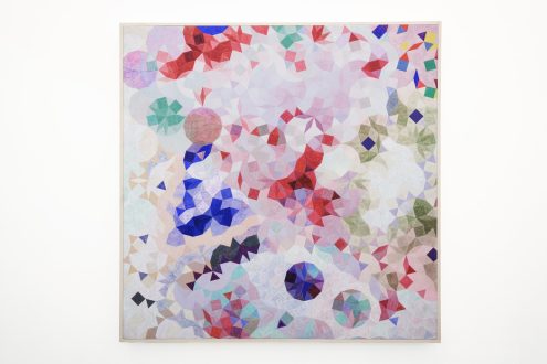 Eli Bornowsky
<i>Tiepolo, Coltrane</i>, 2026
Egg tempera, gesso on wood panel
47.25 x 47.25 in.
<p> </p>
<span style="font-family: 'Barlow', sans-serif;">
<span style="font-family: 'Barlow', sans-serif; color: #000000 !important; opacity: 1 !important;">
<p>In his paintings, Eli Bornowsky combines his own digital generative programs with traditional egg tempera on gessoed wood panels. The patterning here - better referred to as tiling - is based on a series of squares, triangles, and rhombs, which unfold (origami-like) through a program named by its three creators “Watanabe Ito Soma” while “substitution rules” partially interchanges these element. This creates an overall stable, though never repeating pattern (think of Islamic Geometry with an added element of disruption).

A program then “walks” randomly over the tiling, assigning color to each element. Subsequent wanderings - departing from different points - add saturation to each shape depending on how many times a tile has been hit. 

Bornowsky etches the geometric tiling into the gesso surface by hand, and painting each tile, brushstroke by brushstroke with egg tempera, adds layers of visual interest, as do deviations from the assigned colors, depending on the artist’s aesthetic decisions.

We experience here a work of rich complexity, which sits at the intersection of mathematical programming, craft and the artist’s intuition. </p></span></span>