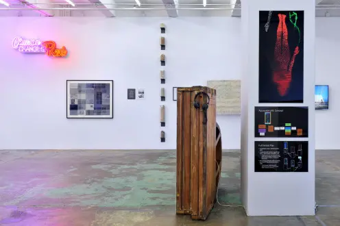 Installation view of ecofeminism(s), left to right: Andrea Bowers, Helène Aylon, Eliza Evans, Jessica Segall, Sonya Kelliher-Combs, Lynn Hershman Leeson, and Hanae Utamura. Courtesy of Thomas Erben Gallery, New York, June/July 2020.