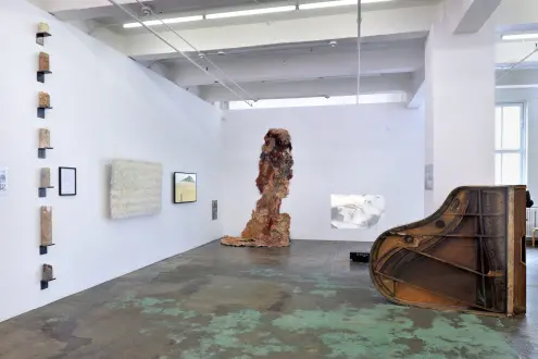 Installation view of ecofeminism(s), left to right: Eliza Evans, Sonya Kelliher-Combs, Hanae Utamura, Betsy Damon, Aviva Rahmani, and Jessica Segall. Courtesy of Thomas Erben Gallery, New York, June/July 2020