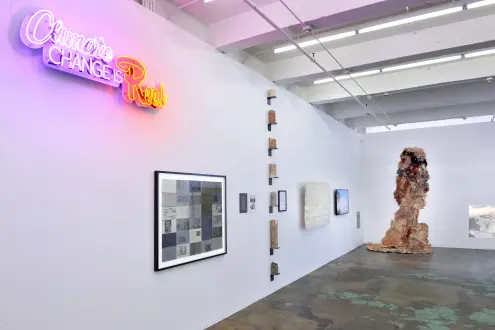 Installation view of ecofeminism(s), left to right: Andrea Bowers, Helène Aylon, Eliza Evans, Sonya Kelliher-Combs, Hanae Utamura, Betsy Damon, Aviva Rahmani. Courtesy of Thomas Erben Gallery, New York, June/July 2020