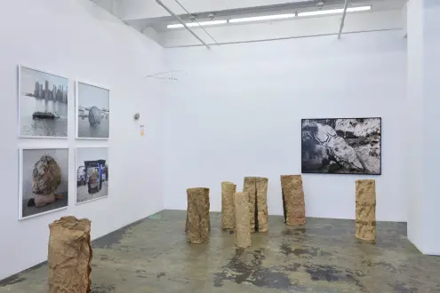 Installation view of ecofeminism(s), left to right: Mary Mattingly, Cecilia Vicuña, Bilge Friedlaender, and Ana Mendieta. Courtesy of Thomas Erben Gallery, New York, June/July 2020