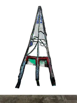 Ada Friedman, <i>Performance Proposal, Helen Rides 6: Pyramid #1</i>, 2020-2022.
paper, acrylic, thrift store fabric, house paint, pencil, acrylic medium, PVA size, Mylar, gouache, pen, pastel, lighting gel, Filmoplast T tape, and grommets
84.6 x 42.5 in.