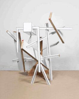 <i>Fountain</i>, 2026. Plywood, wood, dibond, steel and barbed wire, 63 x 54 1/2 x 46 in.