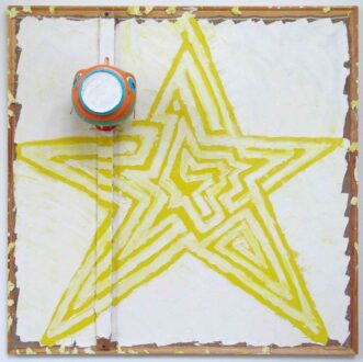 Mike Cloud,<i> Fish on a Pentagram Maze,</i> 2005. Oil on linen with children's game toy, 40 × 40 × 14 in.