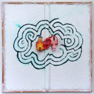 Mike Cloud,<i> Hippos on a Cloud Maze,</i> 2005. Oil on linen with children's game toy, 40 × 40 × 5 in.