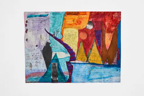 Ada Friedman, Image 3-<p><i>Performance Proposal Drawing, Helen Rides 6: Scene 3, Harvest Moon, Order of Operations,</i> 2020-2026. Acrylic, gouache, watercolor, pastel, crayon, colored pencil, watercolor colored pencils, pen, graphite, marker, pastel, acrylic mediums, letter stickers, and printouts of documentation from Grifter show on paper
18 x 24 in. </p>
