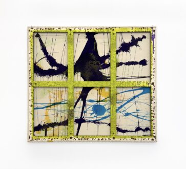Dona Nelson, <i>Skater</i>, 2024 (double-sided).
Acrylic and acrylic mediums on canvas and on a redwood stretcher, 70 × 78 in.