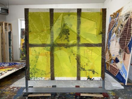 <i>Skater</i>, 2024 (double-sided).
Acrylic and acrylic mediums on canvas and on a redwood stretcher, 70 × 78 in.