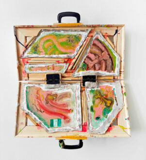 <i>Unidentified Suitcase Portrait, Nigeria</i>, 2026.
Oil on linen with stretcher bars and hardware
24 x 24in. open (12 x 24in. closed)